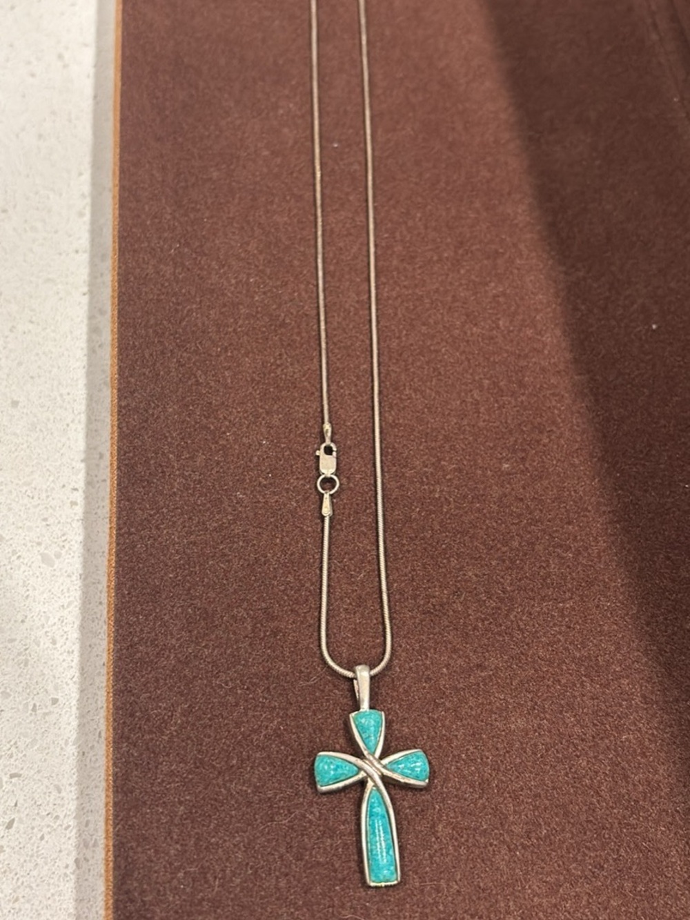 Turquoise Inlay Cross Pendant Necklace - Silver Tone